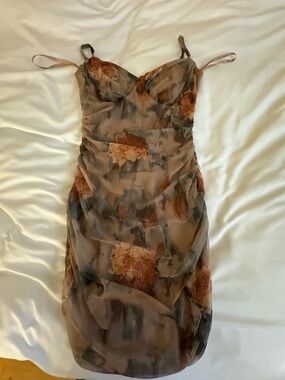 Floral Ruched Slip Dress in Brown and Tan